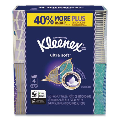 Ultra Soft Facial Tissue, 3-ply, White, 8.75 X 4.5, 65 Sheets/box, 4 Boxes/pack Ultra Soft Facial Tissue, 3-ply, White, 8.75 X 4.5, 65 Sheets/box, 4 Boxes/pack