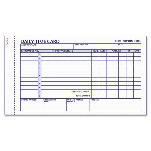 Employee Time Card, Daily, Two-sided, 4-1/4 X 7, 100/pad Employee Time Card, Daily, Two-sided, 4-1/4 X 7, 100/pad