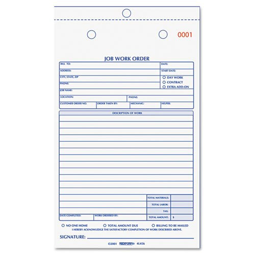 Job Work Order Book, 5 1/2 X 8 1/2, Two Part Carbonless, 50/book Job Work Order Book, 5 1/2 X 8 1/2, Two Part Carbonless, 50/book