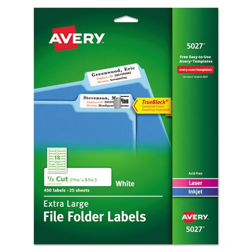 Extra-large Trueblock File Folder Labels With Sure Feed Technology, 0.94 X 3.44, White, 18/sheet, 25 Sheets/pack Extra-large Trueblock File Folder Labels With Sure Feed Technology, 0.94 X 3.44, White, 18/sheet, 25 Sheets/pack