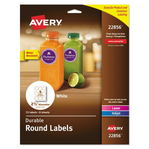 Durable White Id Labels W/ Sure Feed, 2 1/2" Dia, White, 72/pk Durable White Id Labels W/ Sure Feed, 2 1/2" Dia, White, 72/pk