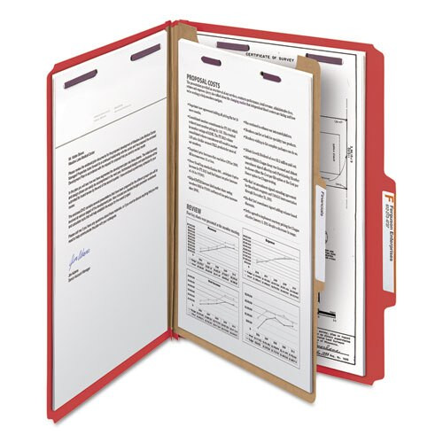 Four-section Pressboard Top Tab Classification Folders With Safeshield Fasteners, 1 Divider, Legal Size, Bright Red, 10/box Four-section Pressboard Top Tab Classification Folders With Safeshield Fasteners, 1 Divider, Legal Size, Bright Red, 10/box