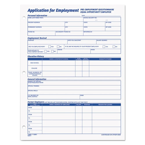 Employee Application Form, 8 3/8 X 11, 50/pad, 2/pack Employee Application Form, 8 3/8 X 11, 50/pad, 2/pack