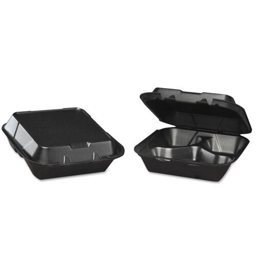 Snap-it Foam Hinged Carryout Container, 3-comp, Black, 8-1/4x8x3,100/bg, 2 Bg/ct Snap-it Foam Hinged Carryout Container, 3-comp, Black, 8-1/4x8x3,100/bg, 2 Bg/ct