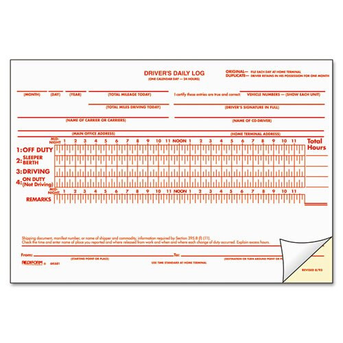 Driver's Daily Log, 8 3/4 X 5 3/8, Carbonless Duplicate, 31 Sets/book Driver's Daily Log, 8 3/4 X 5 3/8, Carbonless Duplicate, 31 Sets/book