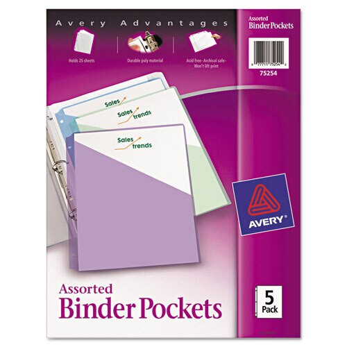 Binder Pockets, 3-hole Punched, 9 1/4 X 11, Assorted Colors, 5/pack Binder Pockets, 3-hole Punched, 9 1/4 X 11, Assorted Colors, 5/pack
