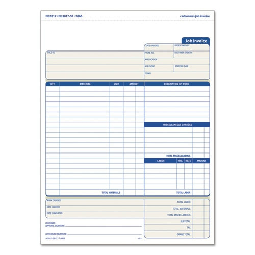 Snap-off Job Invoice Form, 8 1/2 X 11 5/8, Three-part Carbonless, 50 Forms Snap-off Job Invoice Form, 8 1/2 X 11 5/8, Three-part Carbonless, 50 Forms