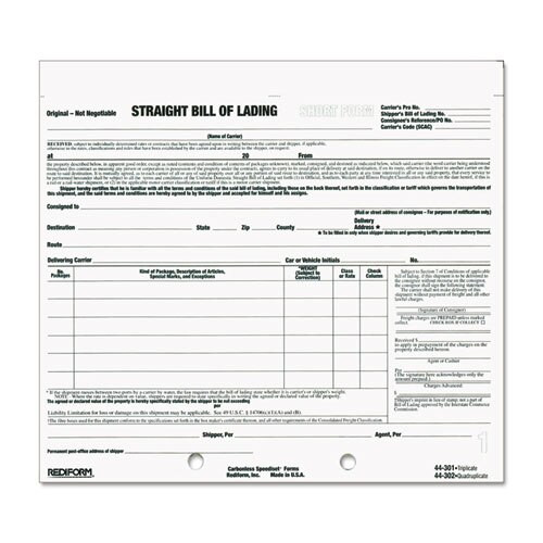 Bill Of Lading Short Form, 7 X 8 1/2, Four-part Carbonless, 250 Forms Bill Of Lading Short Form, 7 X 8 1/2, Four-part Carbonless, 250 Forms