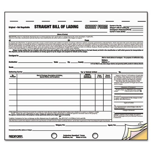 Bill Of Lading Short Form, 7 X 8 1/2, Four-part Carbonless, 250 Forms Bill Of Lading Short Form, 7 X 8 1/2, Four-part Carbonless, 250 Forms