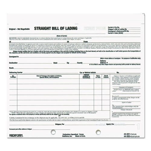 Bill Of Lading Short Form, 7 X 8 1/2, Three-part Carbonless, 250 Forms