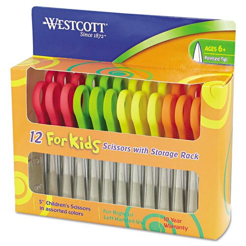 For Kids Scissors, Pointed Tip, 5" Long, 1.75" Cut Length, Assorted Straight Handles, 12/pack For Kids Scissors, Pointed Tip, 5" Long, 1.75" Cut Length, Assorted Straight Handles, 12/pack