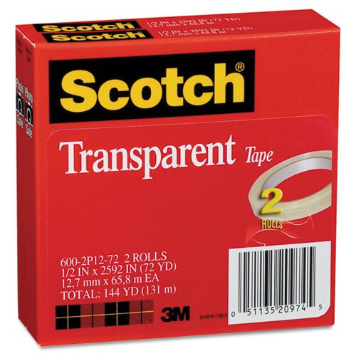 Transparent Tape, 3" Core, 0.5" X 72 Yds, Transparent, 2/pack Transparent Tape, 3" Core, 0.5" X 72 Yds, Transparent, 2/pack