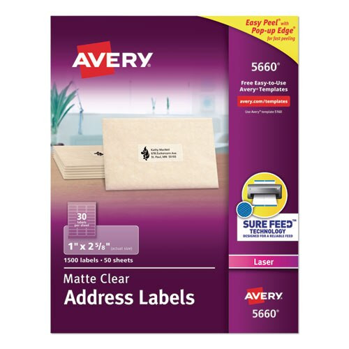 Matte Clear Easy Peel Mailing Labels W/ Sure Feed Technology, Laser Printers, 1 X 2.63, Clear, 30/sheet, 25 Sheets/box Matte Clear Easy Peel Mailing Labels W/ Sure Feed Technology, Laser Printers, 1 X 2.63, Clear, 30/sheet, 25 Sheets/box