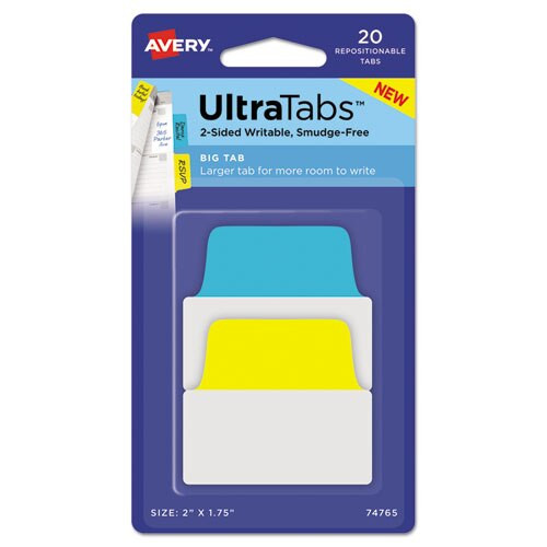 Ultra Tabs Repositionable Big Tabs, 1/5-cut Tabs, Assorted Primary Colors, 2" Wide, 20/pack Ultra Tabs Repositionable Big Tabs, 1/5-cut Tabs, Assorted Primary Colors, 2" Wide, 20/pack