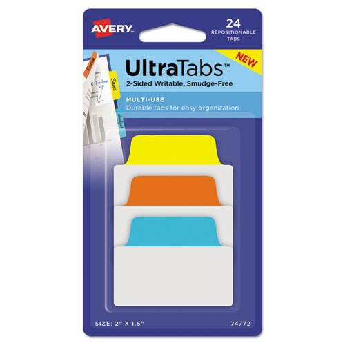 Ultra Tabs Repositionable Standard Tabs, 1/5-cut Tabs, Assorted Primary Colors, 2" Wide, 24/pack Ultra Tabs Repositionable Standard Tabs, 1/5-cut Tabs, Assorted Primary Colors, 2" Wide, 24/pack