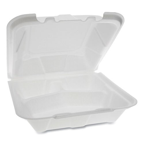 Foam Hinged Lid Containers, Dual Tab Lock, 9.13 X 9 X 3.25, 3-compartment, White, 150/carton Foam Hinged Lid Containers, Dual Tab Lock, 9.13 X 9 X 3.25, 3-compartment, White, 150/carton