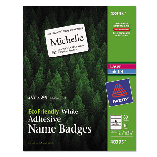 Ecofriendly Adhesive Name Badge Labels, 3.38 X 2.33, White, 80/pack Ecofriendly Adhesive Name Badge Labels, 3.38 X 2.33, White, 80/pack