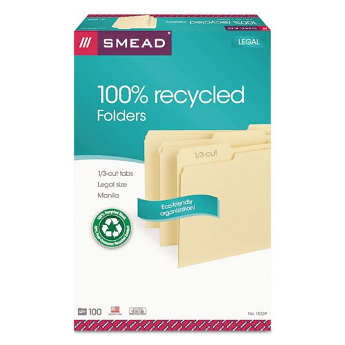 100% Recycled Manila Top Tab File Folders, 1/3-cut Tabs, Legal Size, 100/box 100% Recycled Manila Top Tab File Folders, 1/3-cut Tabs, Legal Size, 100/box