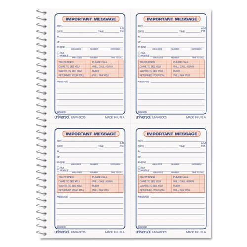 Wirebound Message Books, 5 X 3 3/8, Two-part Carbonless, 400 Sets/book Wirebound Message Books, 5 X 3 3/8, Two-part Carbonless, 400 Sets/book
