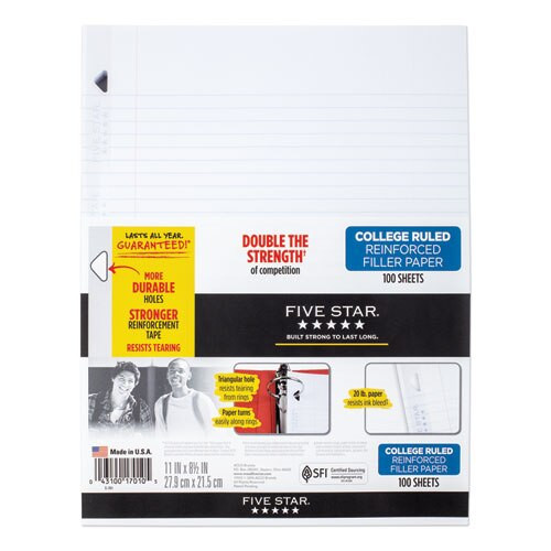 Reinforced Filler Paper, 3-hole, 8.5 X 11, College Rule, 100/pack Reinforced Filler Paper, 3-hole, 8.5 X 11, College Rule, 100/pack