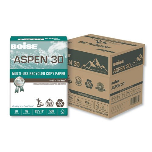 Aspen Multi-use Recycled Paper, 92 Bright, 20lb, 8.5 X 11, White, 500 Sheets/ream, 10 Reams/carton Aspen Multi-use Recycled Paper, 92 Bright, 20lb, 8.5 X 11, White, 500 Sheets/ream, 10 Reams/carton