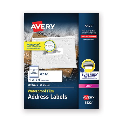Waterproof Address Labels With Trueblock And Sure Feed, Laser Printers, 1.33 X 4, White, 14/sheet, 50 Sheets/pack Waterproof Address Labels With Trueblock And Sure Feed, Laser Printers, 1.33 X 4, White, 14/sheet, 50 Sheets/pack