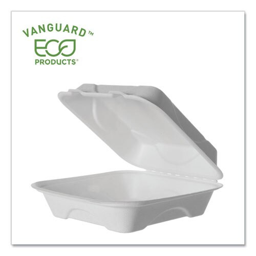Vanguard Renewable And Compostable Sugarcane Clamshells, 1-compartment, 8 X 8 X 3, White, 200/carton Vanguard Renewable And Compostable Sugarcane Clamshells, 1-compartment, 8 X 8 X 3, White, 200/carton