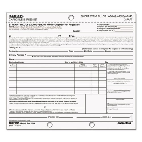 Bill Of Lading, Short Form, 7 X 8 1/2, Three-part, 50 Loose Form Sets/pack Bill Of Lading, Short Form, 7 X 8 1/2, Three-part, 50 Loose Form Sets/pack