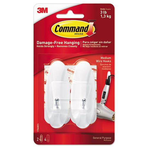 General Purpose Wire Hooks, Medium, 3 B Cap, White, 2 Hooks And 4 Strips/pack General Purpose Wire Hooks, Medium, 3 B Cap, White, 2 Hooks And 4 Strips/pack