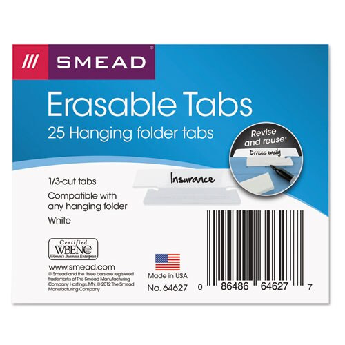 Erasable Hanging Folder Tabs, 1/3-cut Tabs, White, 3.5" Wide, 25/pack Erasable Hanging Folder Tabs, 1/3-cut Tabs, White, 3.5" Wide, 25/pack