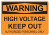 55-508 OSHA WARNING Sign: Warning High Voltage. Available in vinyl label, aluminum sign, and reflective options. OSHA compliant safety signage.