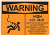53-518 OSHA WARNING Sign: Warning High Voltage. Available in vinyl label, aluminum sign, and reflective options. OSHA compliant safety signage.