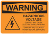 53-525 OSHA WARNING Sign: Warning Hazardous Voltage. Available in vinyl label, aluminum sign, and reflective options. OSHA compliant safety signage.