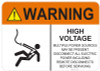 53-718 OSHA WARNING Sign: Warning High Voltage. Available in vinyl label, aluminum sign, and reflective options. OSHA compliant safety signage.