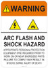 53-721 OSHA WARNING Sign: Warning Arc Flash and Shock Hazard. Available in vinyl label, aluminum sign, and reflective options. OSHA compliant safety signage.