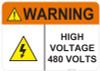 53-839 OSHA WARNING Sign: Warning High Voltage. Available in vinyl label, aluminum sign, and reflective options. OSHA compliant safety signage.