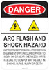 53-121 OSHA DANGER Sign: Danger Arc Flash and Shock Hazard. Available in vinyl label, aluminum sign, and reflective options. OSHA compliant safety signage.