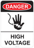 55-102 OSHA DANGER Sign: Danger (hand symbol) High Voltage. Available in vinyl label, aluminum sign, and reflective options. OSHA compliant safety signage.
