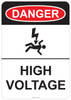 53-103 OSHA DANGER Sign: Danger (shocked man) High Voltage. Available in vinyl label, aluminum sign, and reflective options. OSHA compliant safety signage.