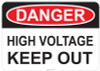 55-106 OSHA DANGER Sign: Danger High Voltage Keep Out. Available in vinyl label, aluminum sign, and reflective options. OSHA compliant safety signage.