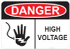 53-111 OSHA DANGER Sign: Danger High Voltage. Available in vinyl label, aluminum sign, and reflective options. OSHA compliant safety signage.