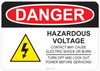 55-125 OSHA DANGER Sign: Danger Hazardous Voltage. Available in vinyl label, aluminum sign, and reflective options. OSHA compliant safety signage.