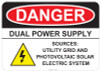 55-129 OSHA DANGER Sign: Danger - Dual Power Supply - Utility Grid and Photovoltaic Solar Electric System. Available in vinyl label, aluminum sign, and reflective options. OSHA compliant safety signage.