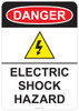 53-144 OSHA DANGER Sign: Danger (shock symbol) Electric Shock Hazard. Available in vinyl label, aluminum sign, and reflective options. OSHA compliant safety signage.
