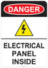 53-147 OSHA DANGER Sign: Danger (arc symbol) Electric Panel Inside. Available in vinyl label, aluminum sign, and reflective options. OSHA compliant safety signage.