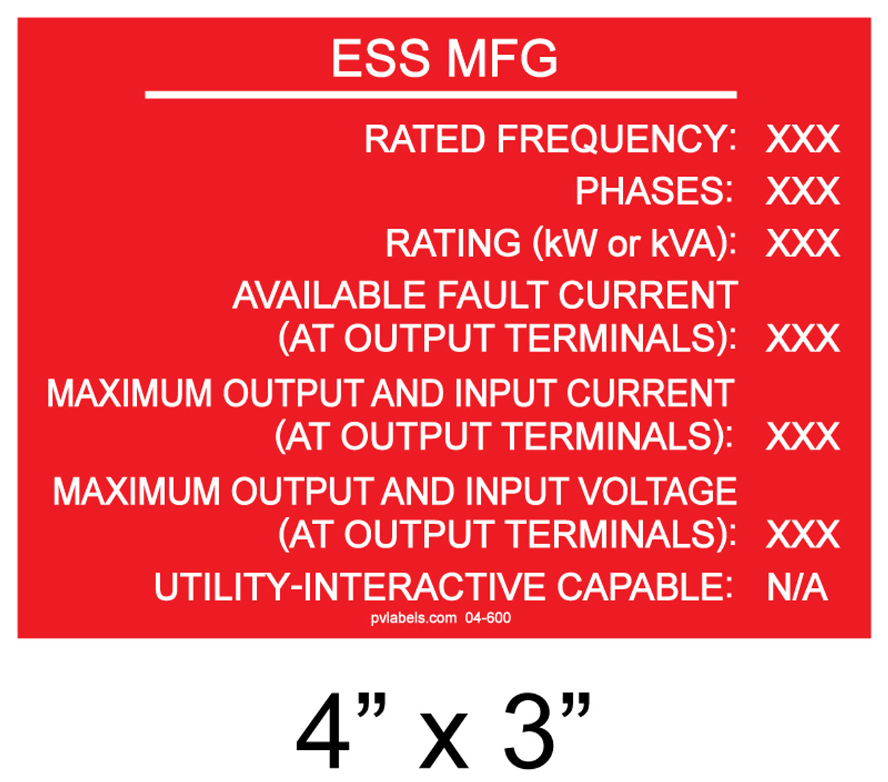 03-600, SOLAR CUSTOM LABEL - ESS MFG. - RATED NEC 2020 706.4