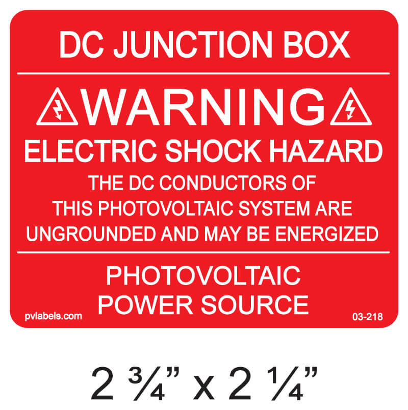 Dc's Warning Sticker DC JUNCTION BOX WARNING ELECTRIC SHOCK HAZARD (03-218) LABEL