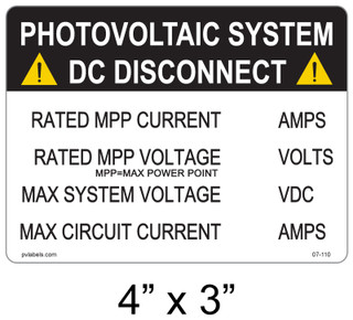 05-110 | SOLAR LABEL - PHOTOVOLTAIC SYSTEM - DC NEC 2014 690.53