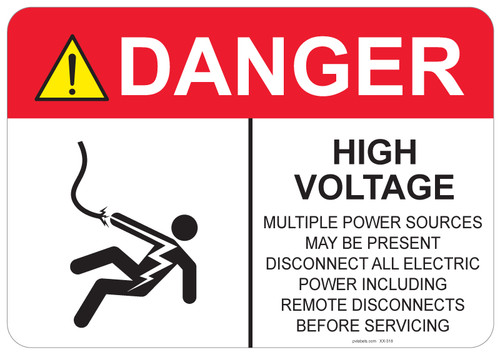 55-318 OSHA DANGER Sign: Danger Shocked Man, High Voltage. Available in vinyl label, aluminum sign, and reflective options. OSHA compliant safety signage.