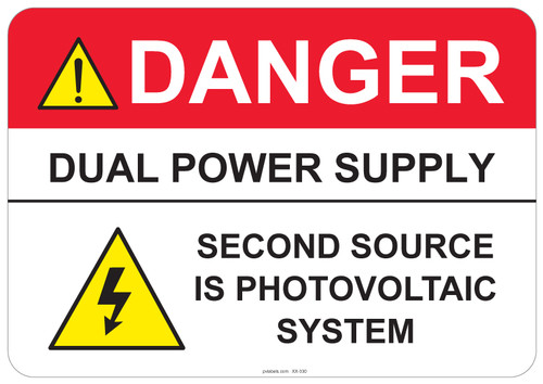 55-330 OSHA DANGER Sign: Danger Dual Power Supply. Available in vinyl label, aluminum sign, and reflective options. OSHA compliant safety signage.